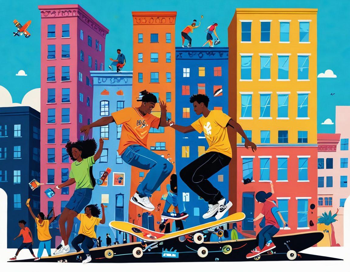 A diverse group of young people engaged in various hobbies, such as painting, skateboarding, and playing video games, surrounded by playful icons representing social media trends floating around them. The background features a vibrant and dynamic cityscape, symbolizing modern youth culture. Use bright colors to create an energetic atmosphere that reflects creativity and community. playful and energetic illustration. vibrant colors. 3D.