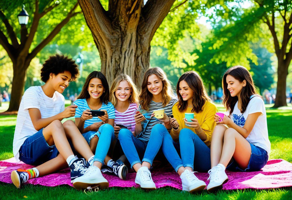 A vibrant collage showcasing diverse teenagers engaging in various activities: skateboarding, studying in a cozy café, playing music in a park, and socializing at a colorful event. Include elements like trendy fashion, modern gadgets, and inspiring quotes floating around. Capture the essence of youthfulness, energy, and the quest for identity. vibrant colors. dynamic composition.