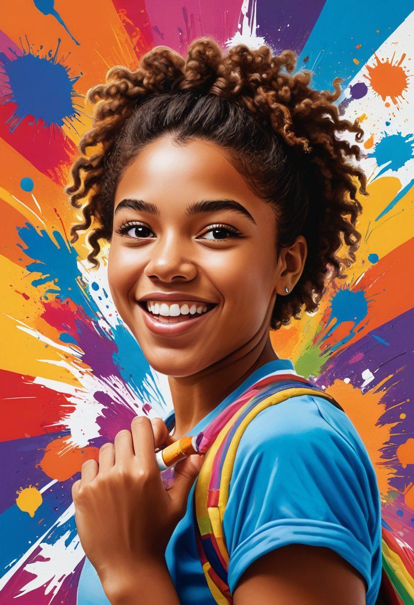 A vibrant collage depicting diverse teens engaged in various empowering activities such as painting, sports, and volunteering. The background features uplifting phrases like 'Believe in Yourself' and 'Chase Your Dreams' in colorful, graffiti-style fonts. The scene exudes energy and positivity, celebrating diversity in hobbies and aspirations. Bright, bold colors enhance the feeling of excitement and motivation. super-realistic. vibrant colors. dynamic composition.